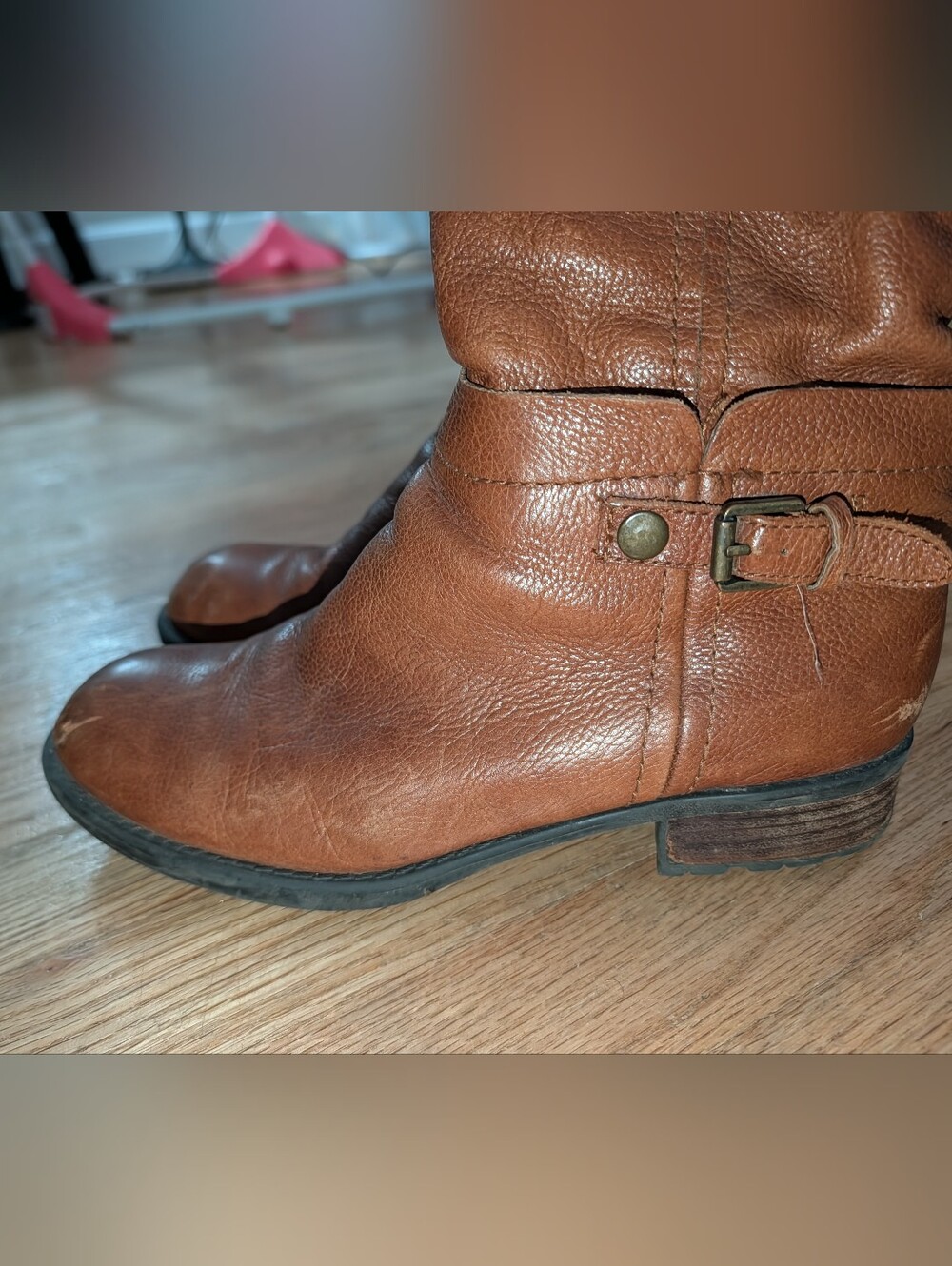 franco sarto brown leather knee high moto riding boots buckle distressed 8.5 - Picture 3 of 7